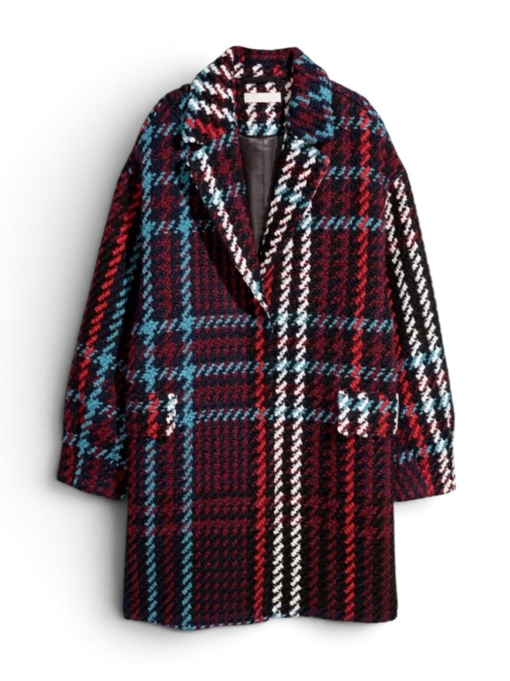 H&M Womens Plaid Jacquard Wool Blend Oversized Coat Red Blue S